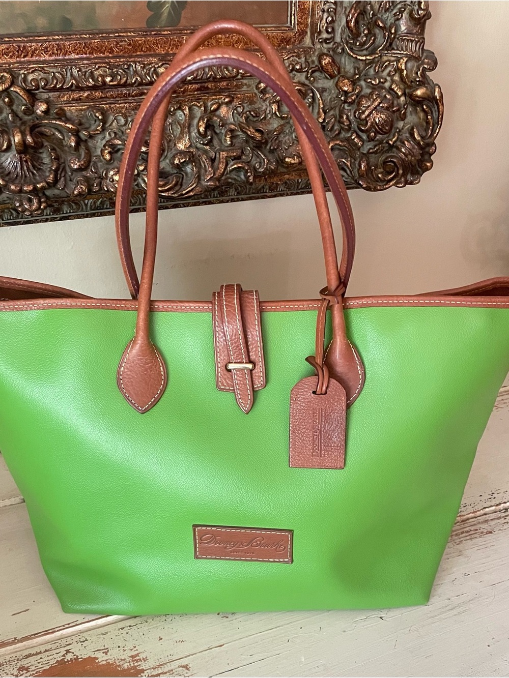 Dooney & Bourke Eva BaileyBright Green Tote with Brown Trim - Picture 2 of 16
